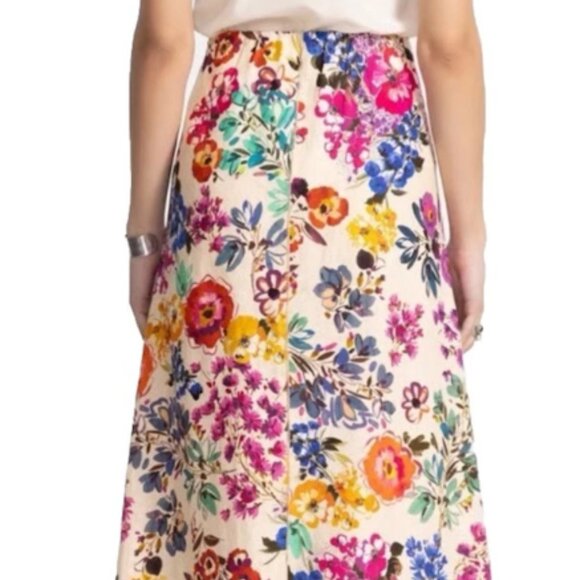 Johnny Was Seamed Linen Maxi Skirt Cream Multicolor Floral Print Evalon Size L - Picture 2 of 9